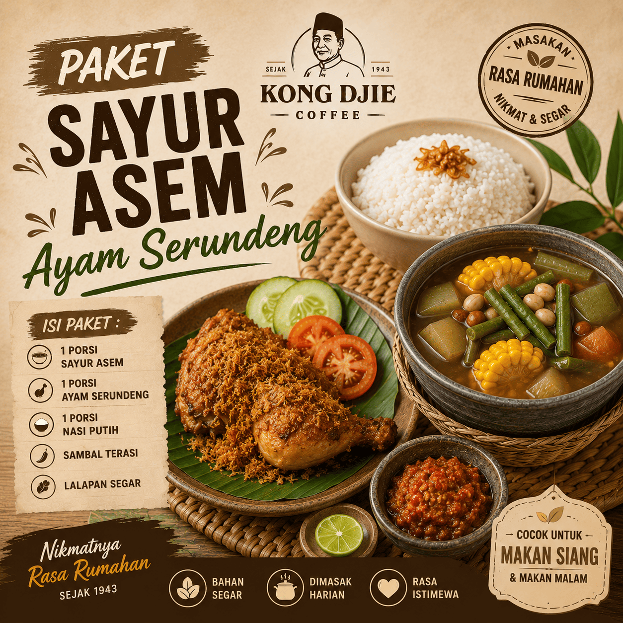 Paket Sayur Asem Ayam Serundeng Kedai Kopi Kong Djie
